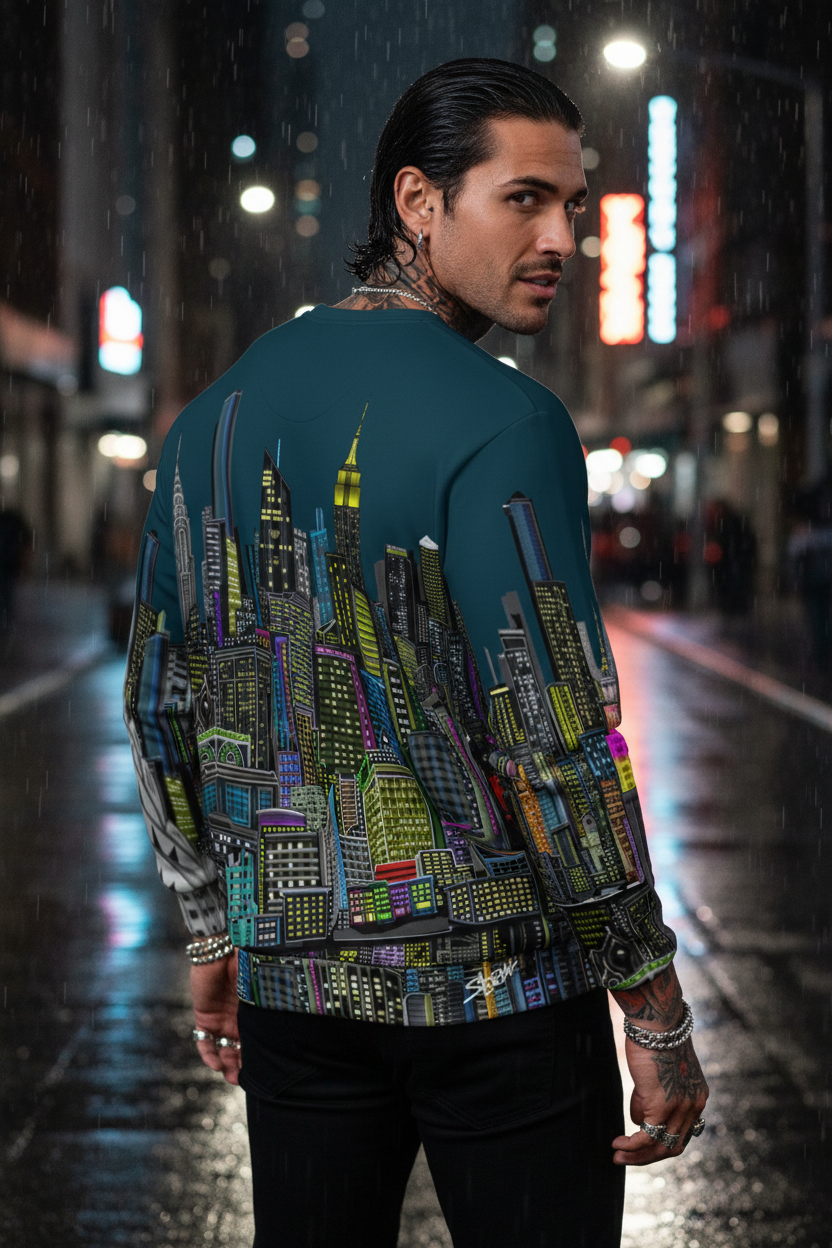 Person wearing a jacket with cityscape Loria NYC Art design on a neon-lit street
