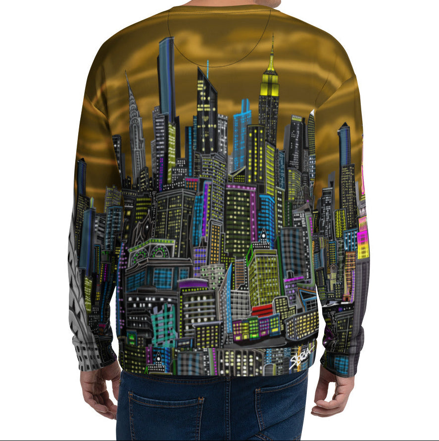 Guy wearing back view of Sweatshirt with a colorful cityscape design on a white background