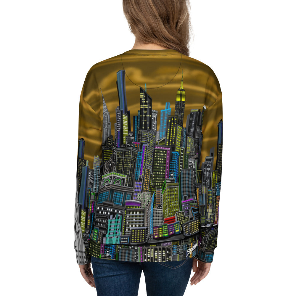 Back of girl wearing a Long-sleeve shirt with a colorful cityscape design by Loria NYC Art on a white background