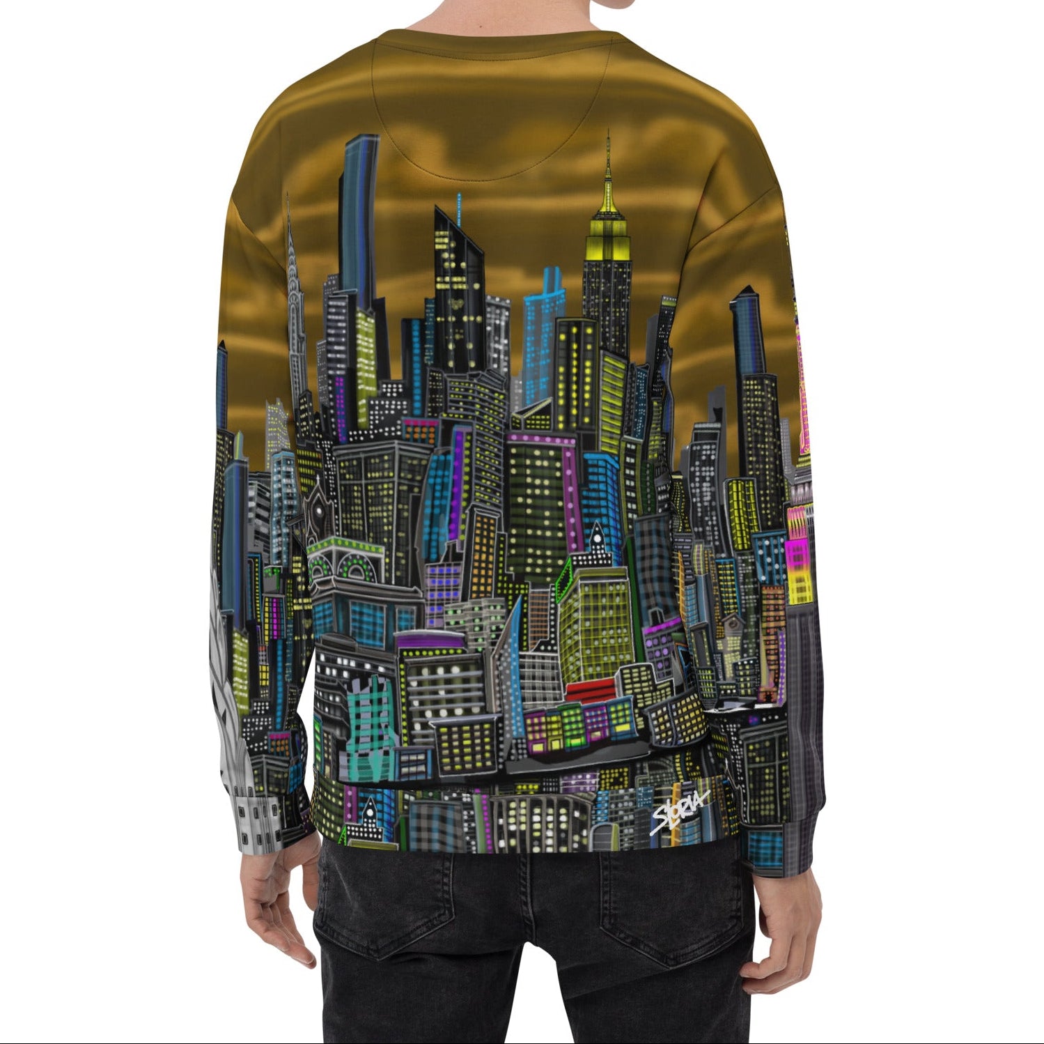 Backside of guy wearing a Long-sleeve shirt with a colorful cityscape design by Loria NYC Art on a white background