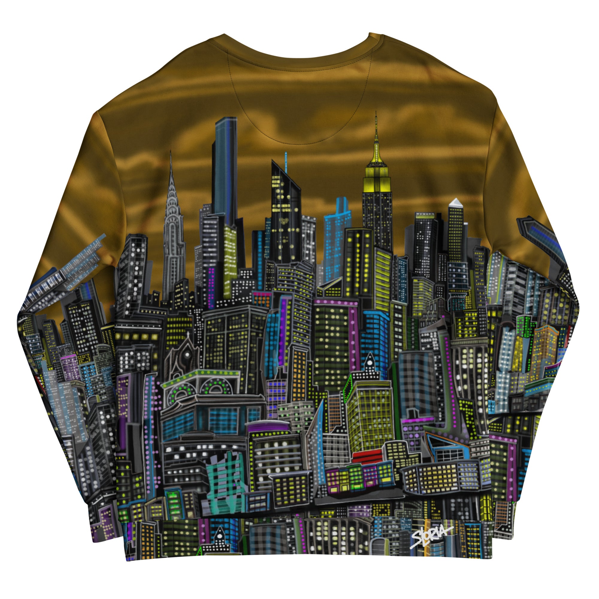 Rear view of Long-sleeve shirt with a colorful cityscape design by Loria NYC Art on a white background