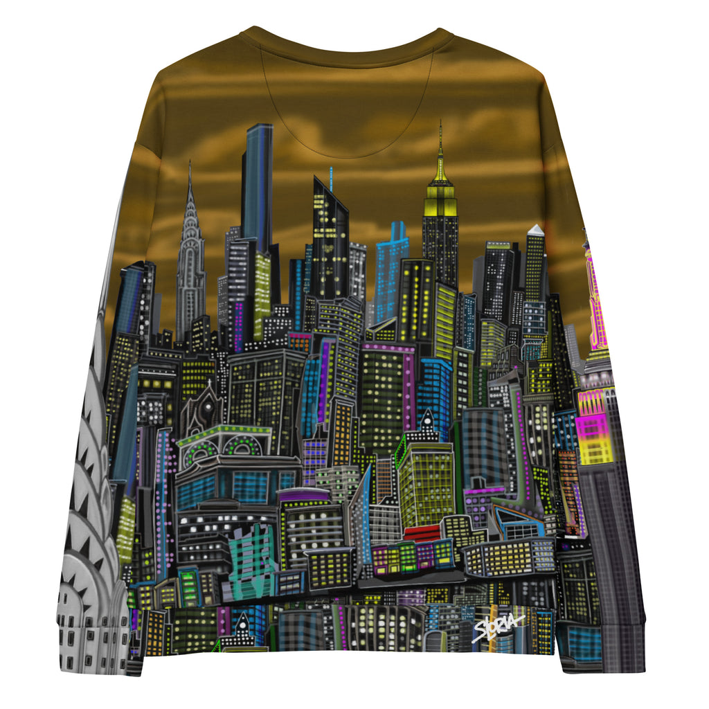 Long-sleeve shirt with a colorful cityscape design by Loria NYC Art on a white background