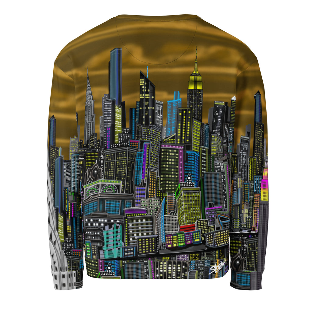 Back of  Long-sleeve shirt with a colorful cityscape design by Loria NYC Art on a white background