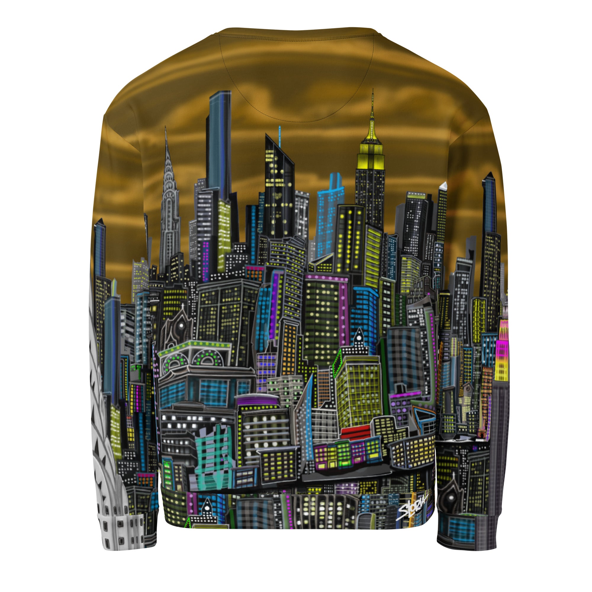 Back of  Long-sleeve shirt with a colorful cityscape design by Loria NYC Art on a white background