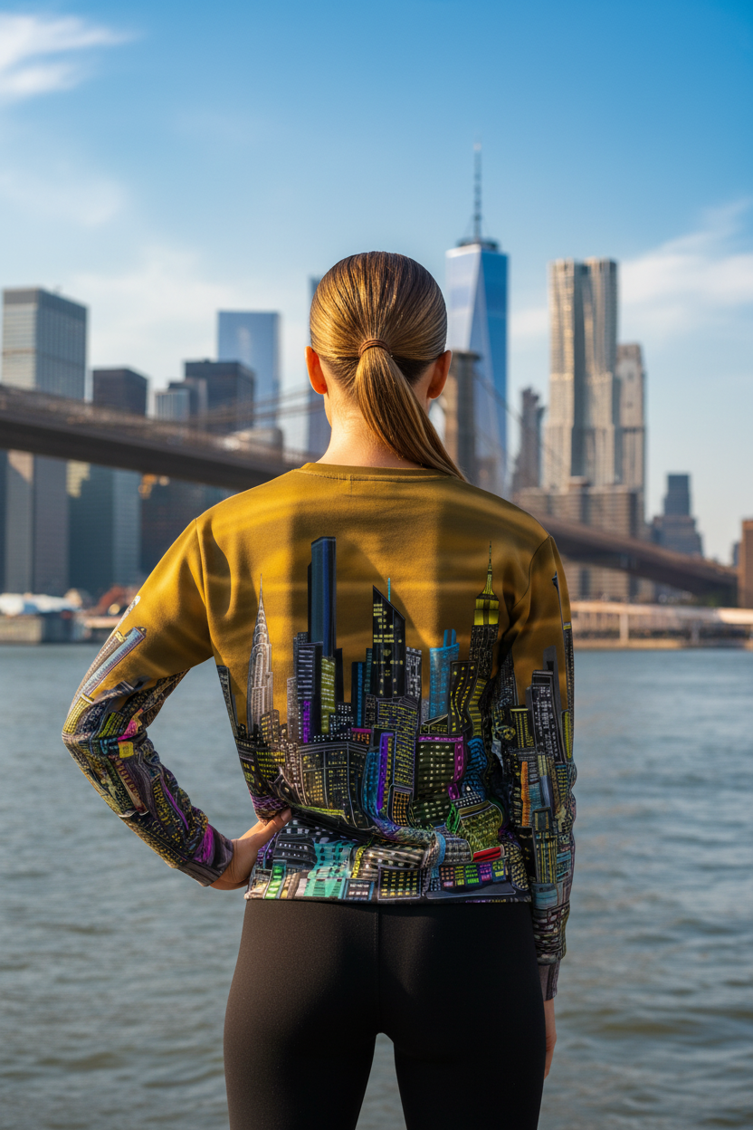 Person wearing a colorful cityscape Loria NYC Art sweatshirt with a city skyline in the background