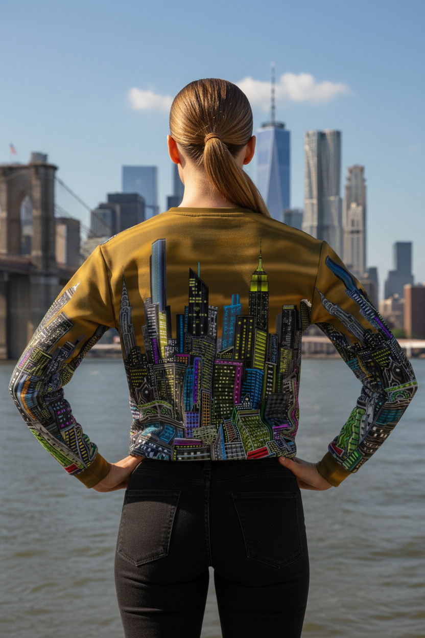 Person wearing a colorful cityscape Loria NYC Art shirt with a city skyline in the background