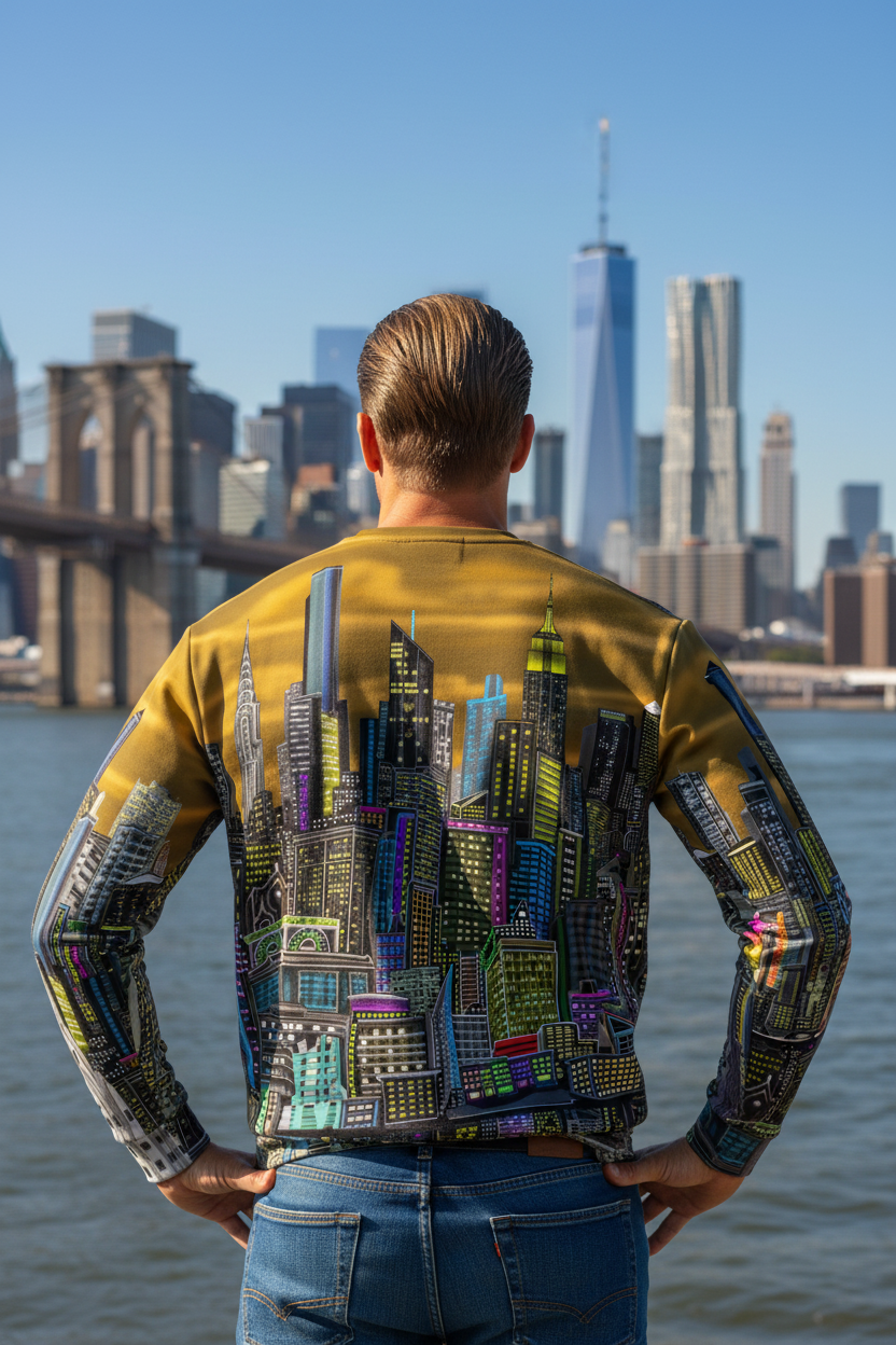Person wearing a colorful Loria NYC Art cityscape jacket with a city skyline in the background