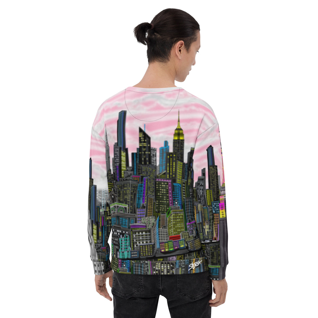 Person wearing a Loria NYC Art sweatshirt with a cityscape design on a white background