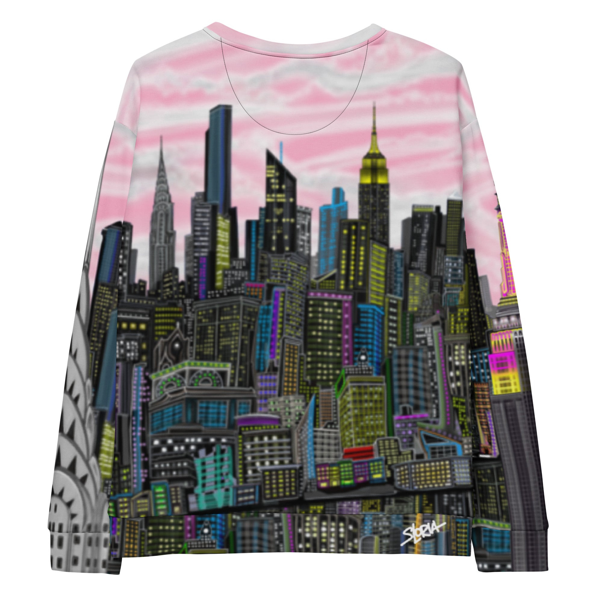 Sweatshirt with cityscape design and 'Loria NYC Art' logo on a white background