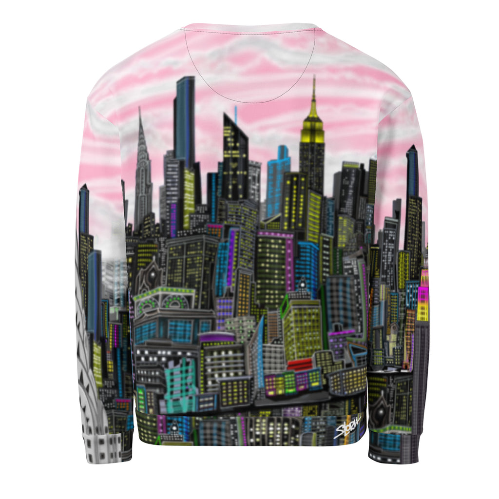 Back of Sweatshirt with a cityscape design by Loria NYC Art on a white background