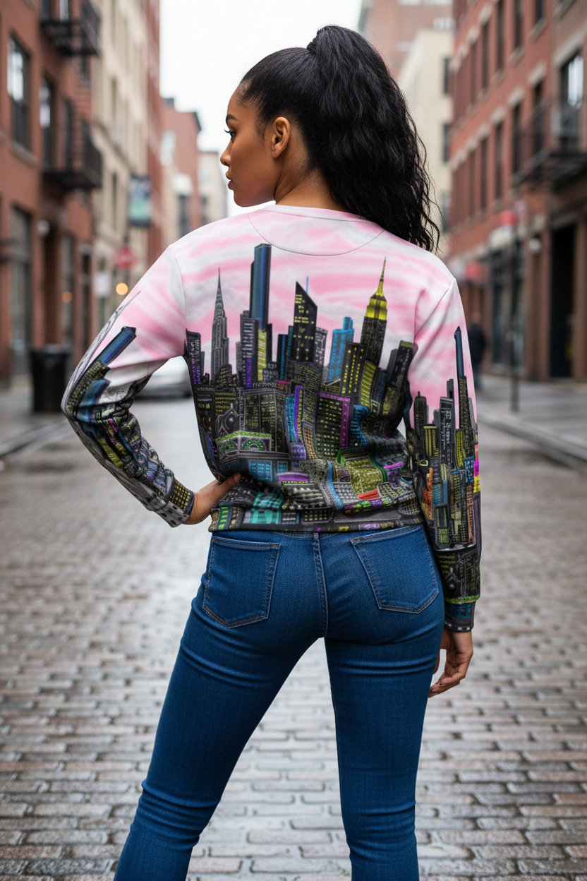 Person wearing a sweatshirt with a cityscape Loria NYC Art design on a city street.