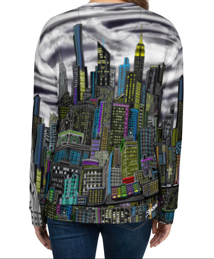 Back of girl wearing Sweatshirt designed by Loria NYC Art with a cityscape design on a white background