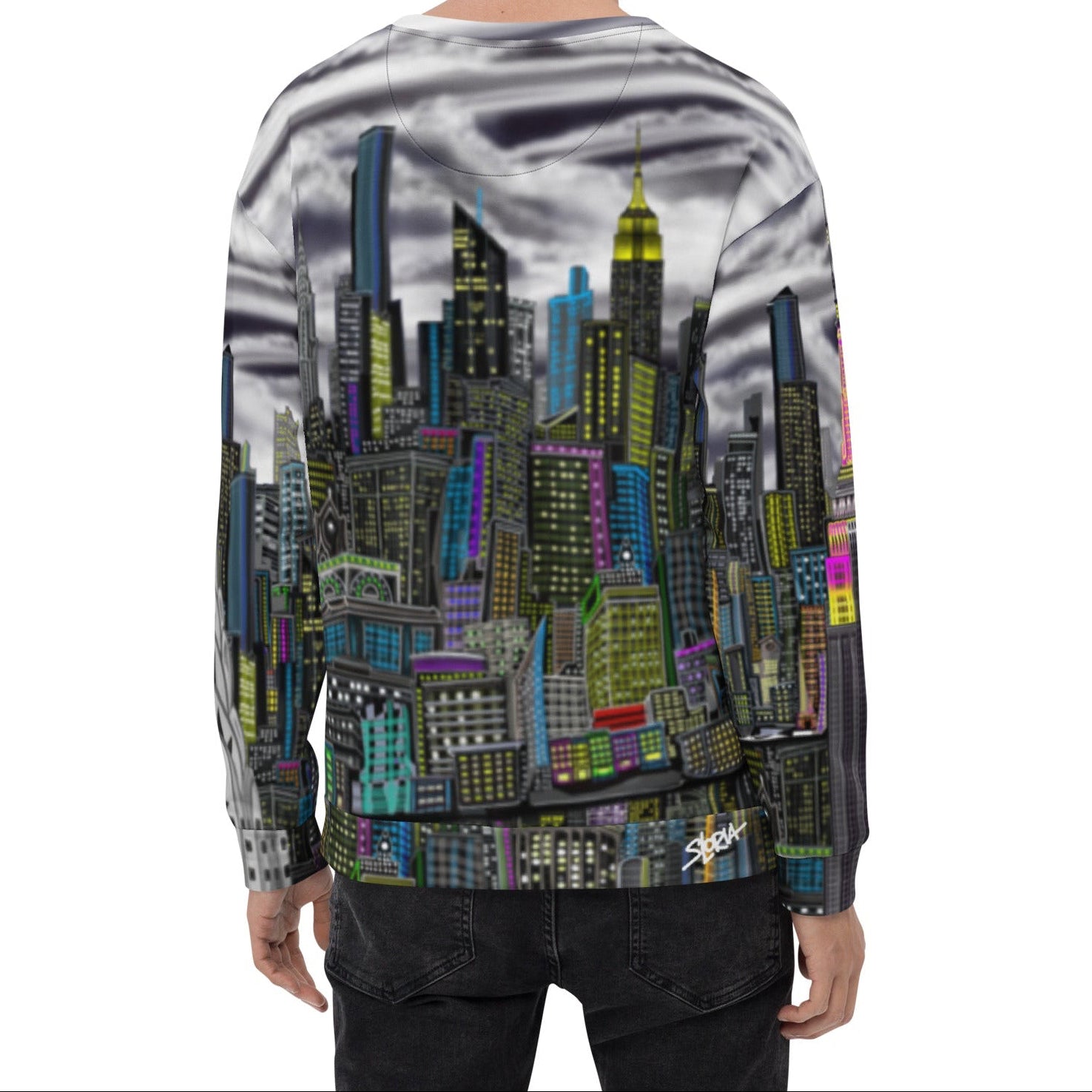 Back of Man wearing Sweatshirt designed by Loria NYC Art with a cityscape design on a white background