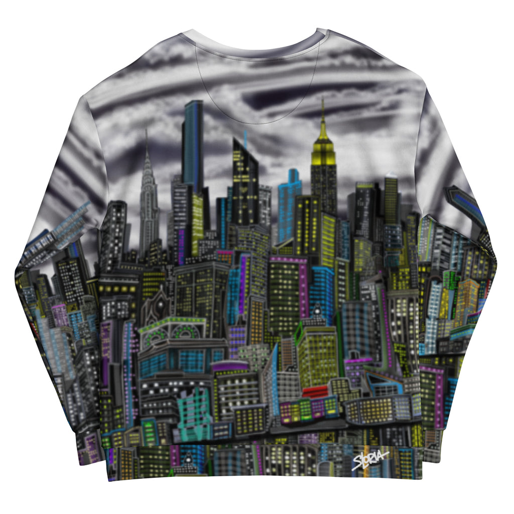 Back of Sweatshirt designed by Loria NYC Art with a cityscape design on a white background