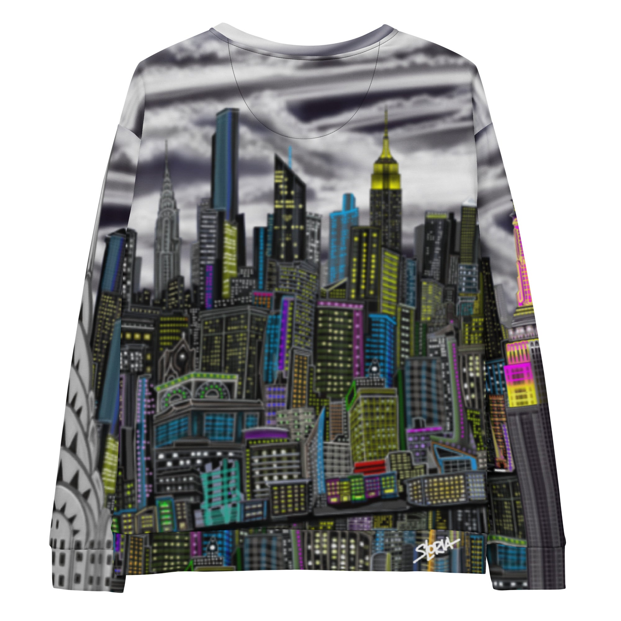 Back of Sweatshirt designed by Loria NYC Art with a cityscape design on a white background
