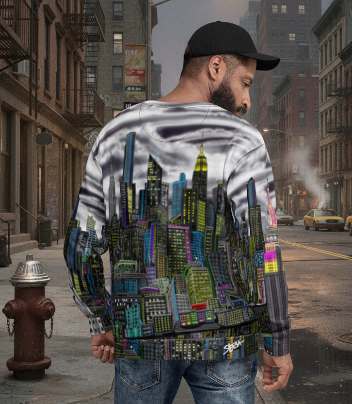 Man wearing a sweater with a colorful cityscape Loria NYC Art design on a white background