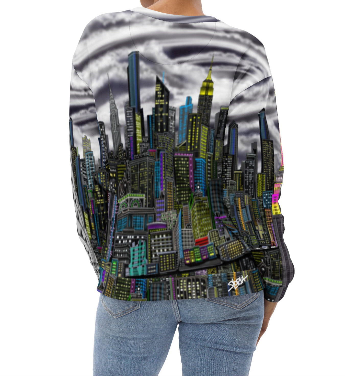 Back of lady posing wearing Sweatshirt designed by Loria NYC Art with a cityscape design on a white background