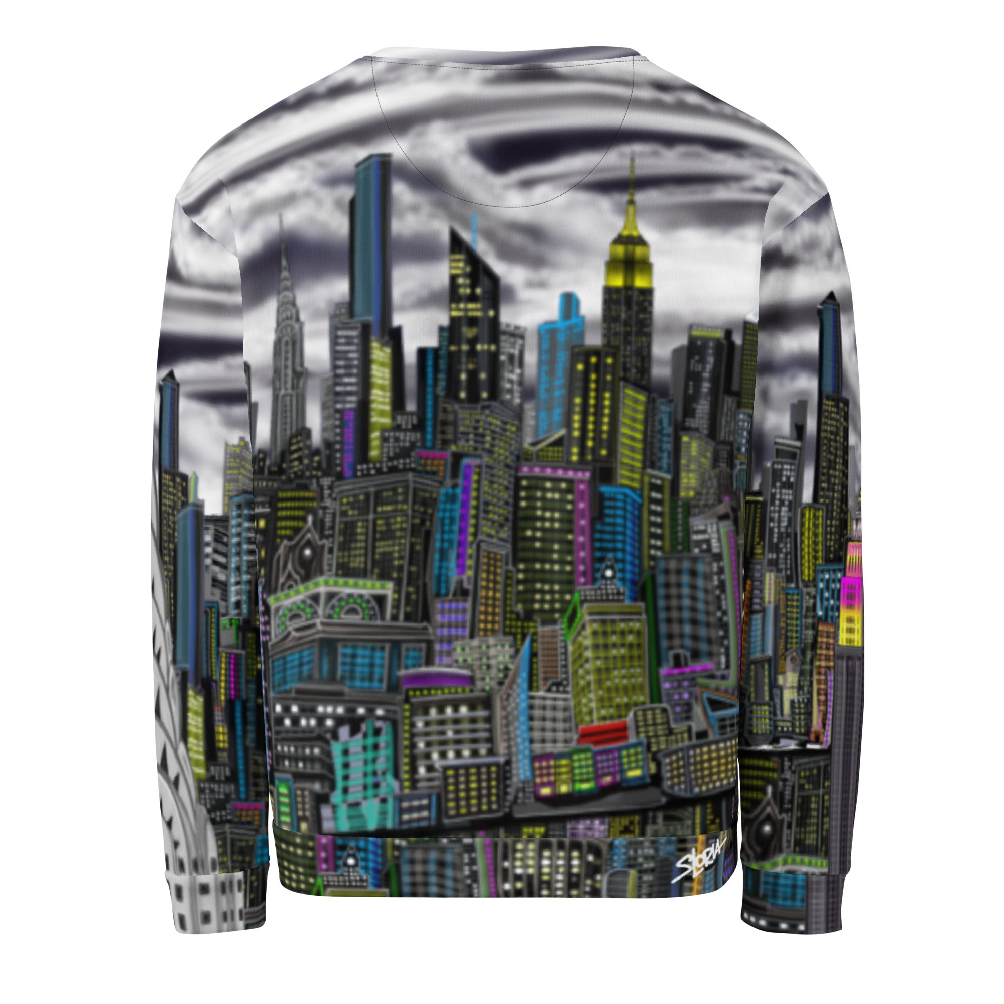 Back of Sweatshirt designed by Loria NYC Art with a cityscape design on a white background