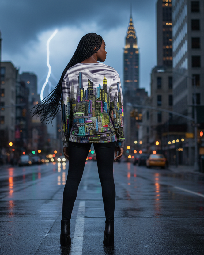 Person standing on a city street with lightning in the background wearing a shirt designed by Loria NYC Art