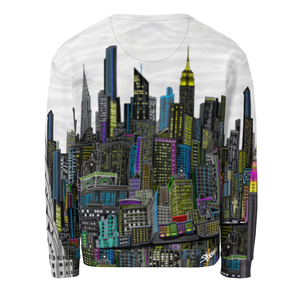 Back of Sweatshirt with cityscape design by Loria NYC Art on a white background