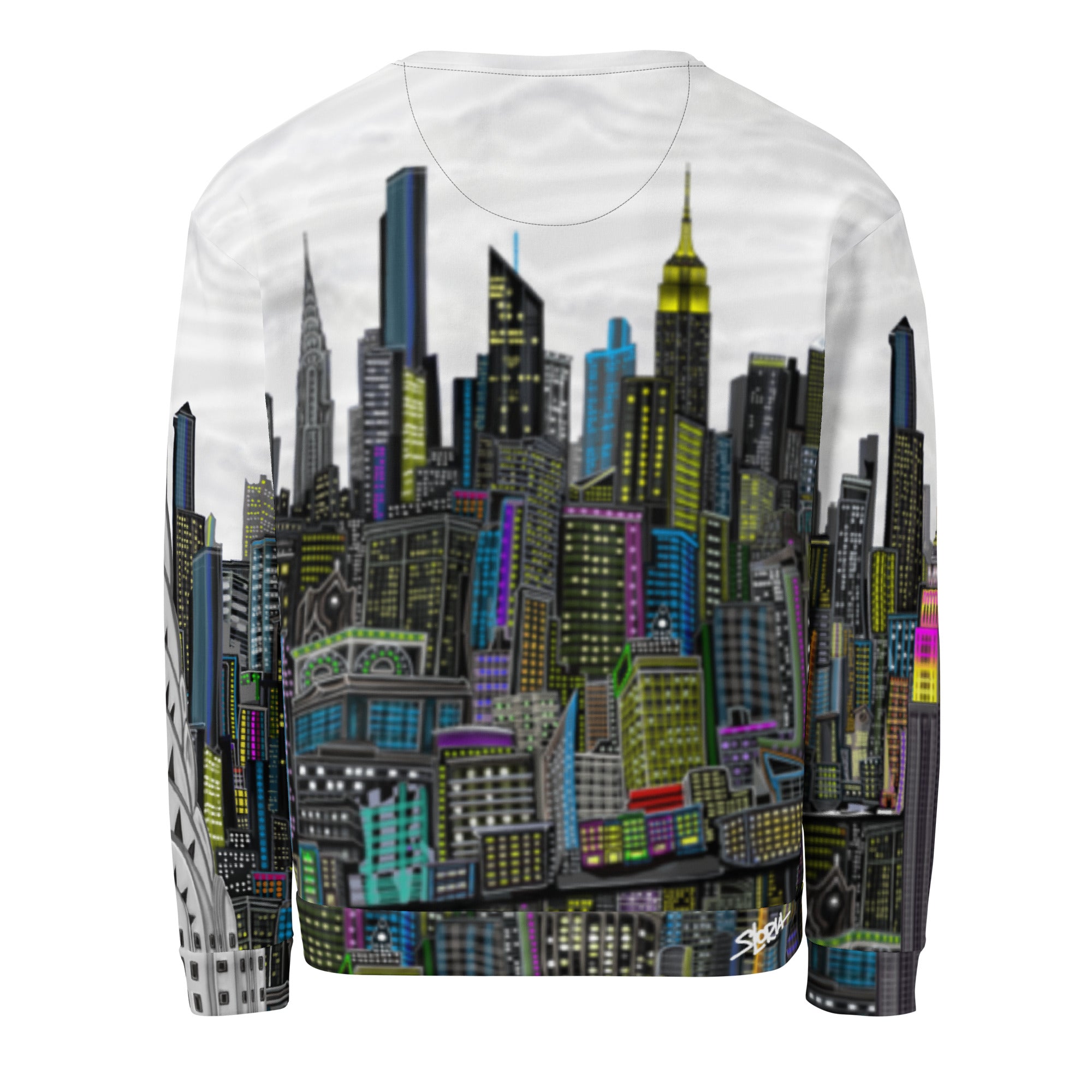 Back of Sweatshirt with cityscape design by Loria NYC Art on a white background