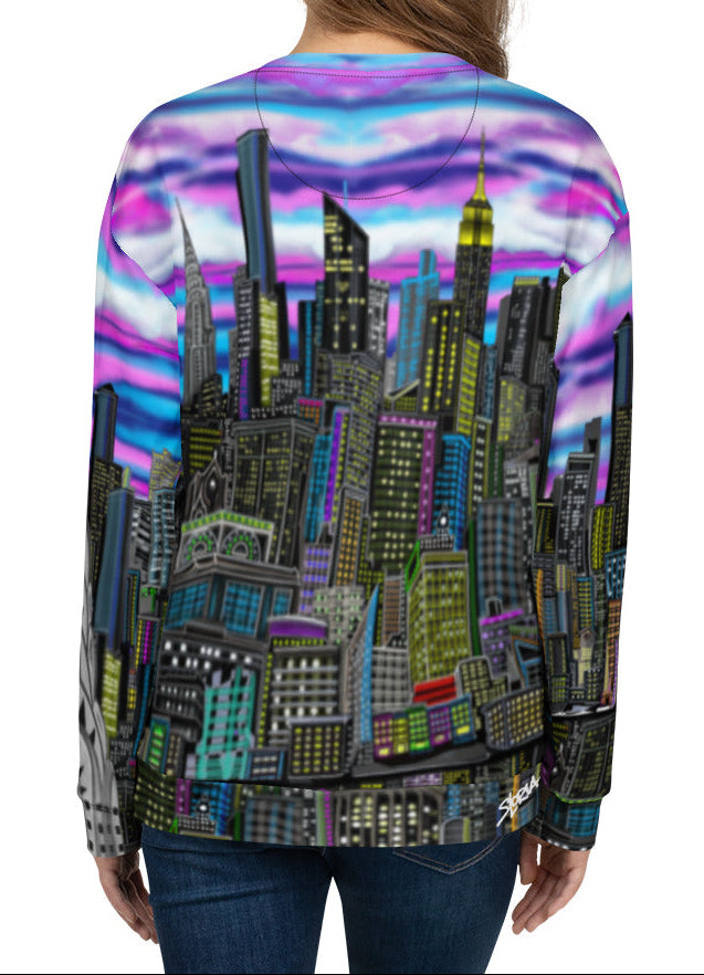 Colorful long-sleeve shirt with cityscape design by Loria NYC Art on a white background