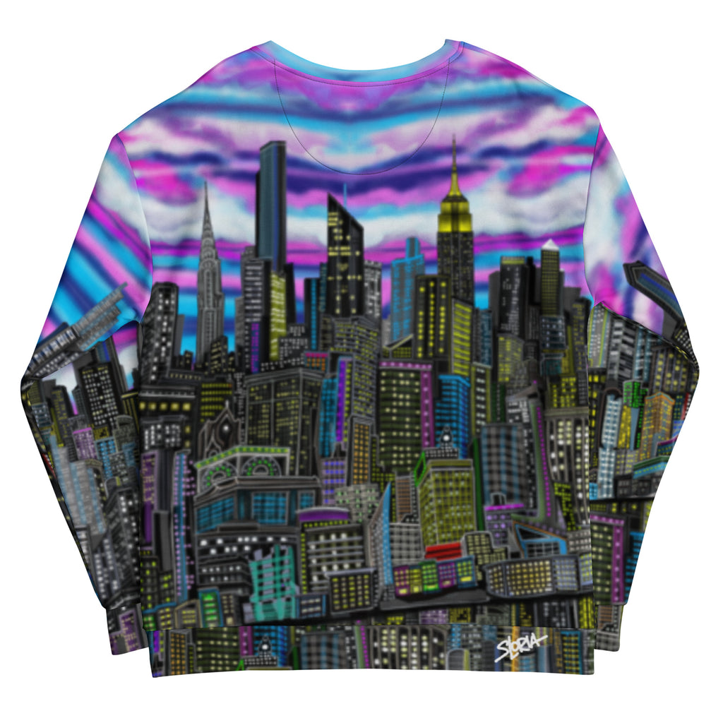 Colorful long-sleeve shirt with cityscape design by Loria NYC Art on a white background