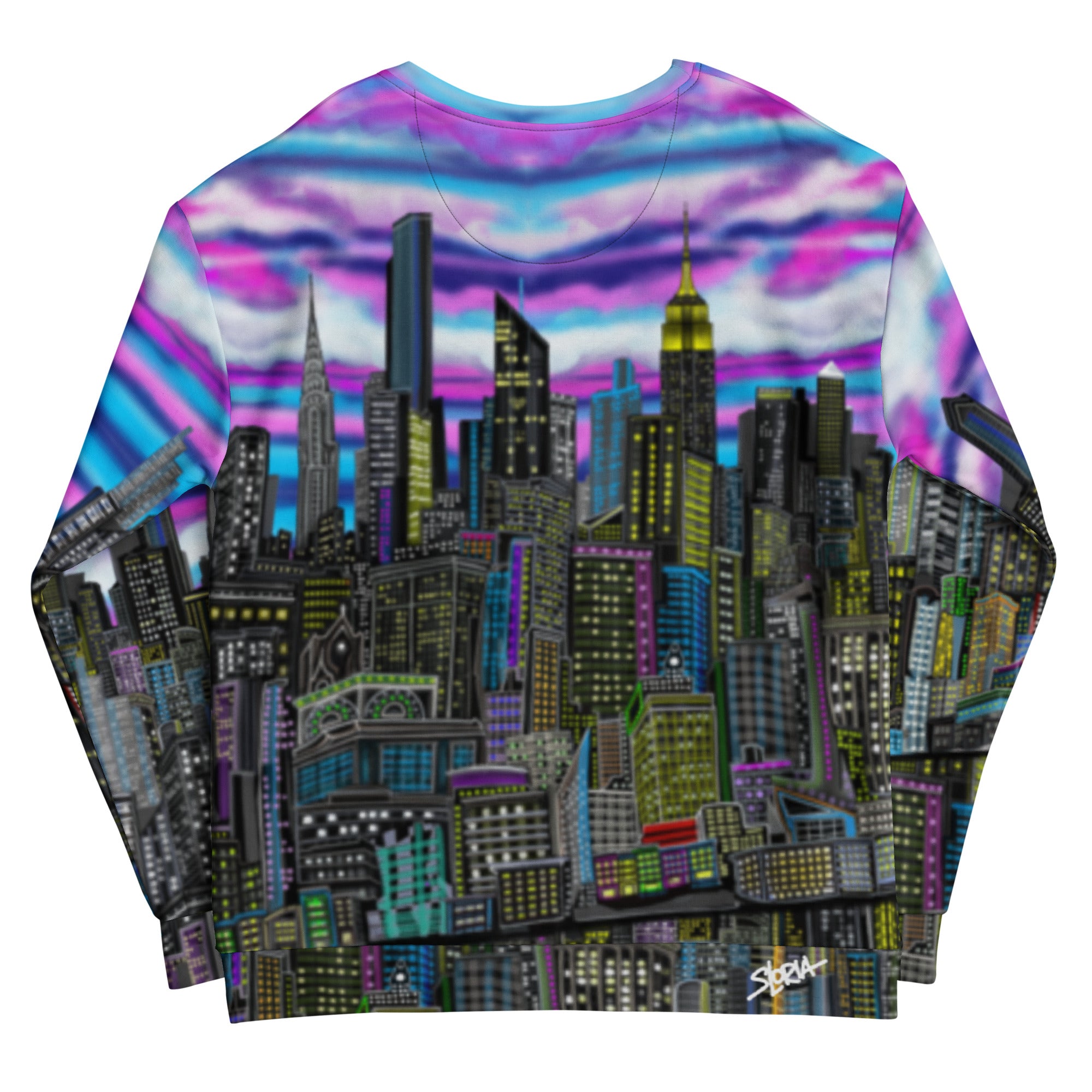 Colorful long-sleeve shirt with cityscape design by Loria NYC Art on a white background