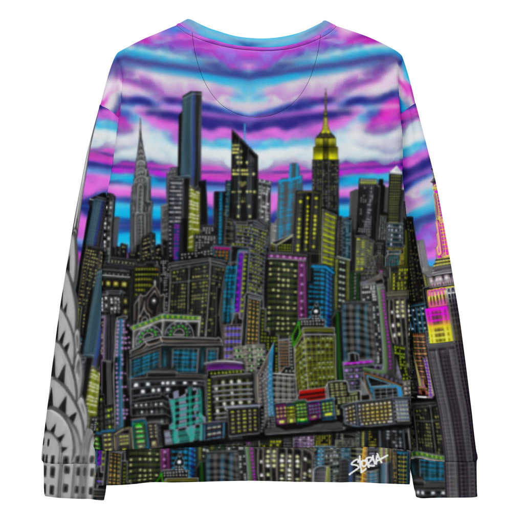 Colorful long-sleeve shirt with cityscape design by Loria NYC Art on a white background
