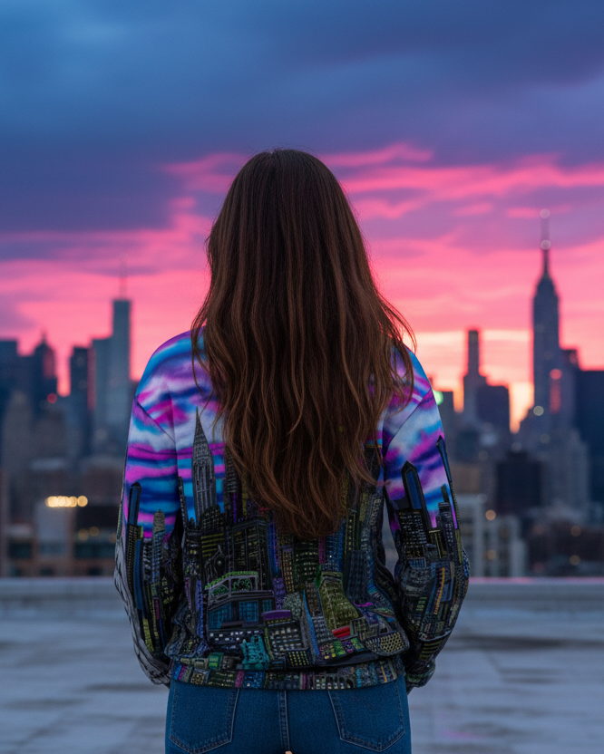 Person standing on a rooftop with a city skyline and pink sunset, wearing shirt design by Loria NYC Art