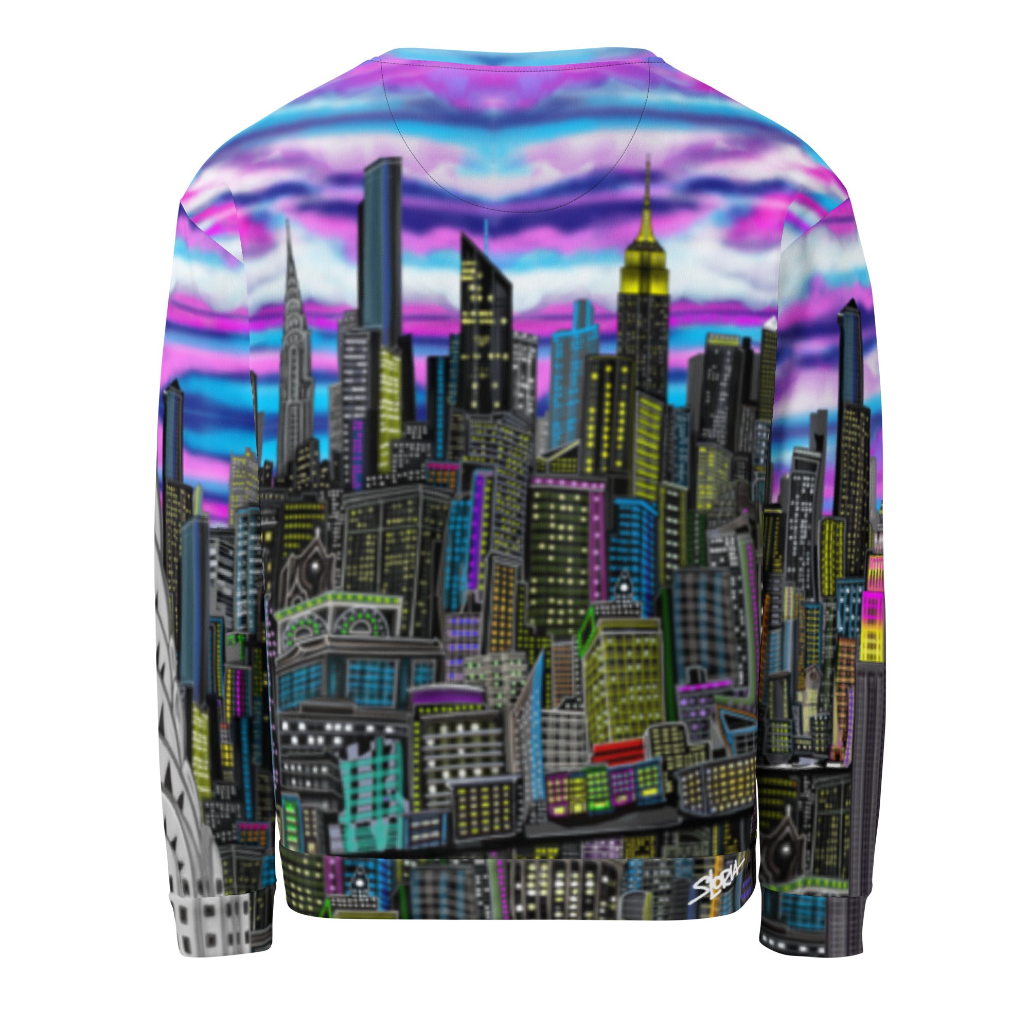 Colorful long-sleeve shirt with cityscape design by Loria NYC Art on a white background