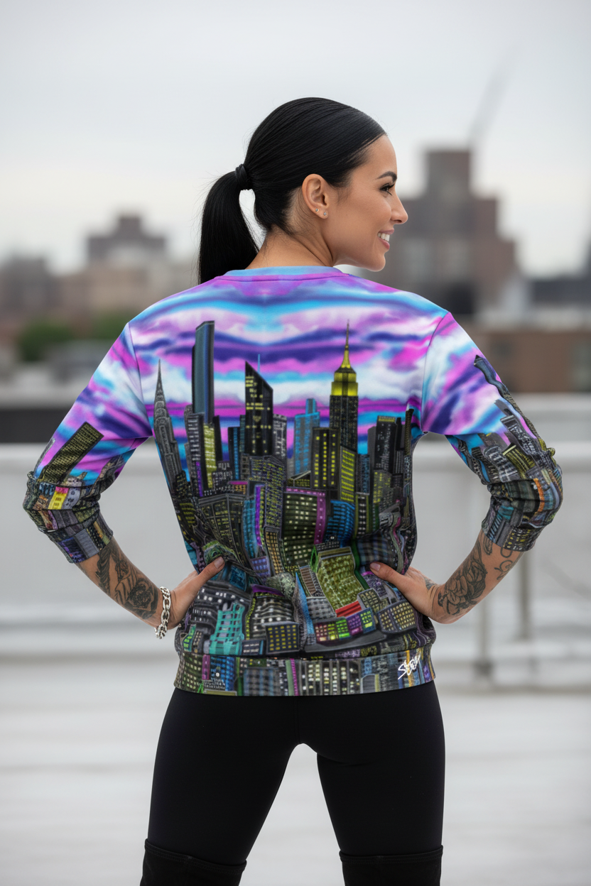 Person wearing a colorful jacket with a cityscape Loria NYC Art design, standing on a rooftop with a city skyline in the background.