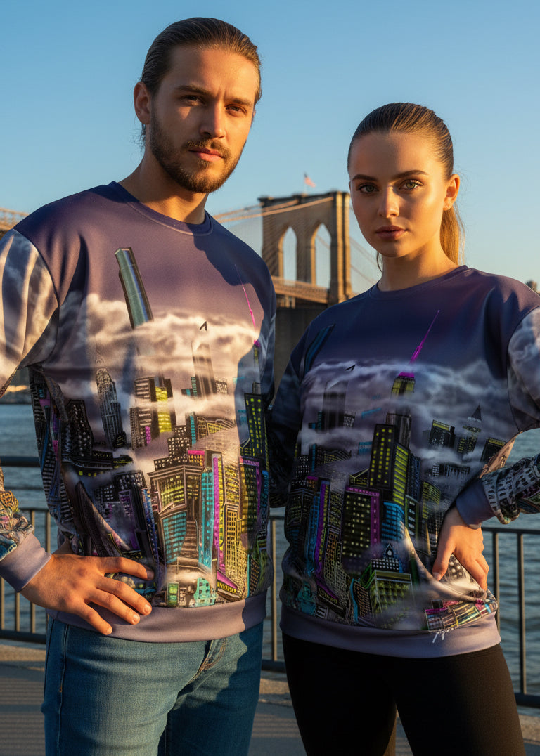 Man and women wearing a sweater with a cityscape Loria NYC Art design in a urban setting