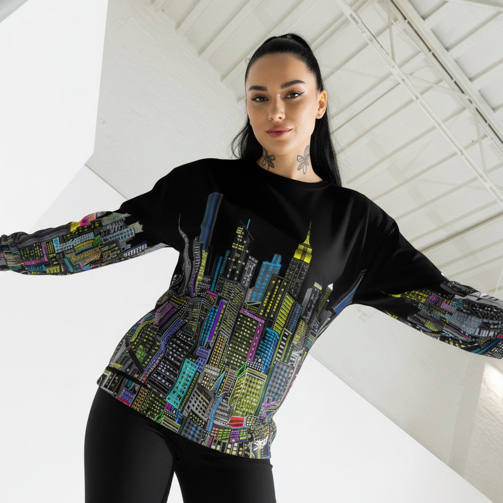 Female wearing a black long-sleeve shirt with colorful cityscape design by Loria NYC Art standing in a modern indoor setting.