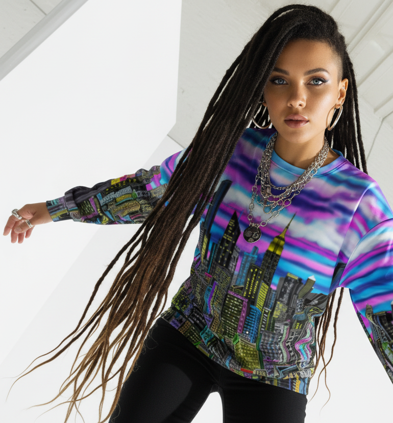 Person posing with arms spread wearing a colorful sweatshirt design by Loria NYC Art in a modern indoor setting