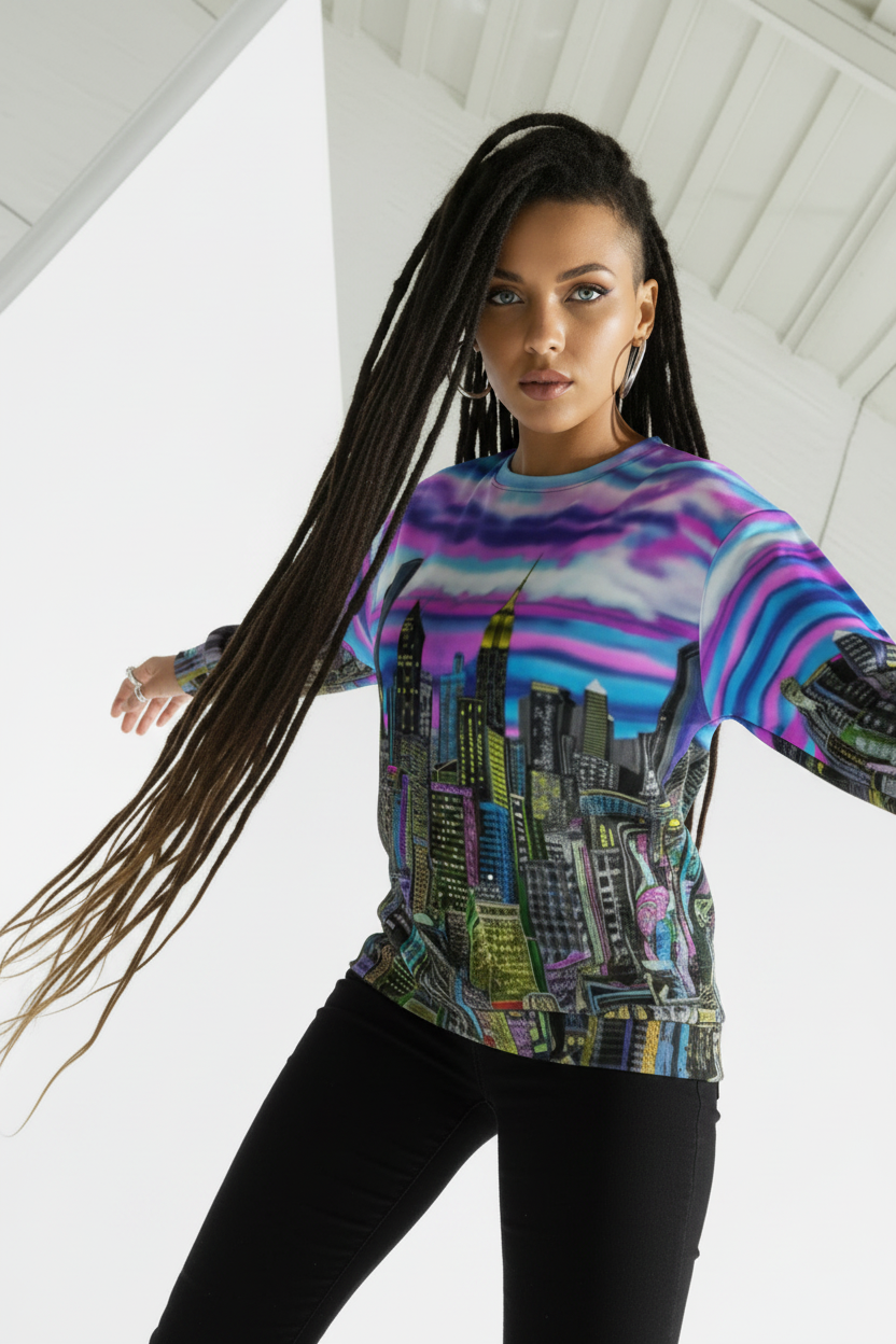 Woman wearing a colorful Loria NYC Art sweat shirt with a cityscape design in a bright room.