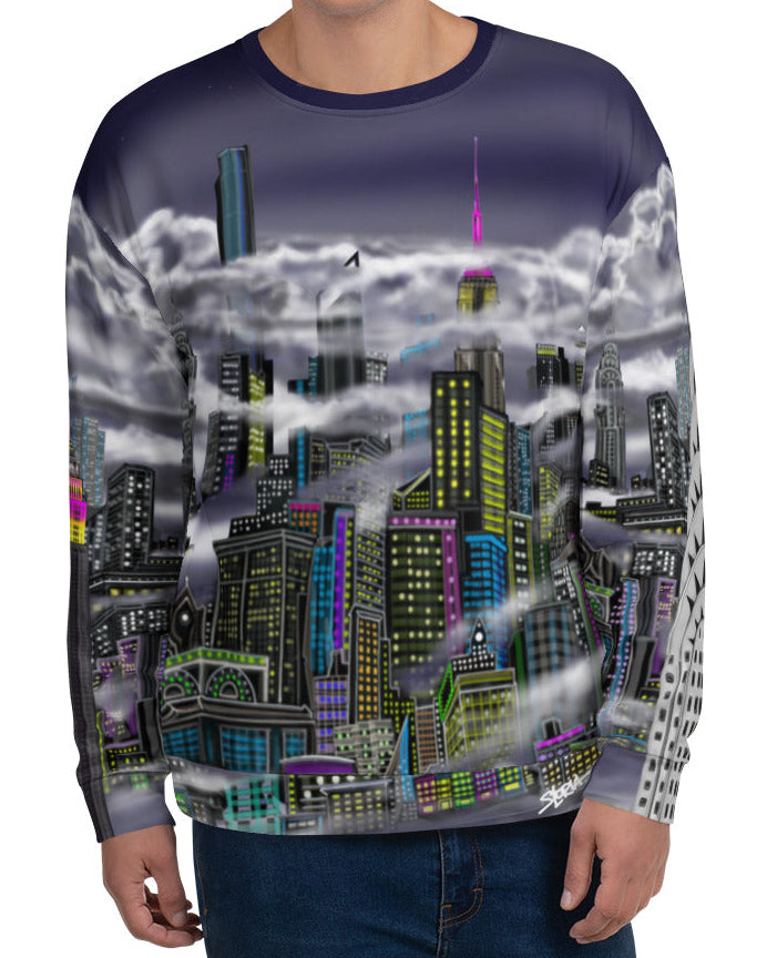 Person wearing a sweatshirt with a cityscape Loria NYC Art design on a white background