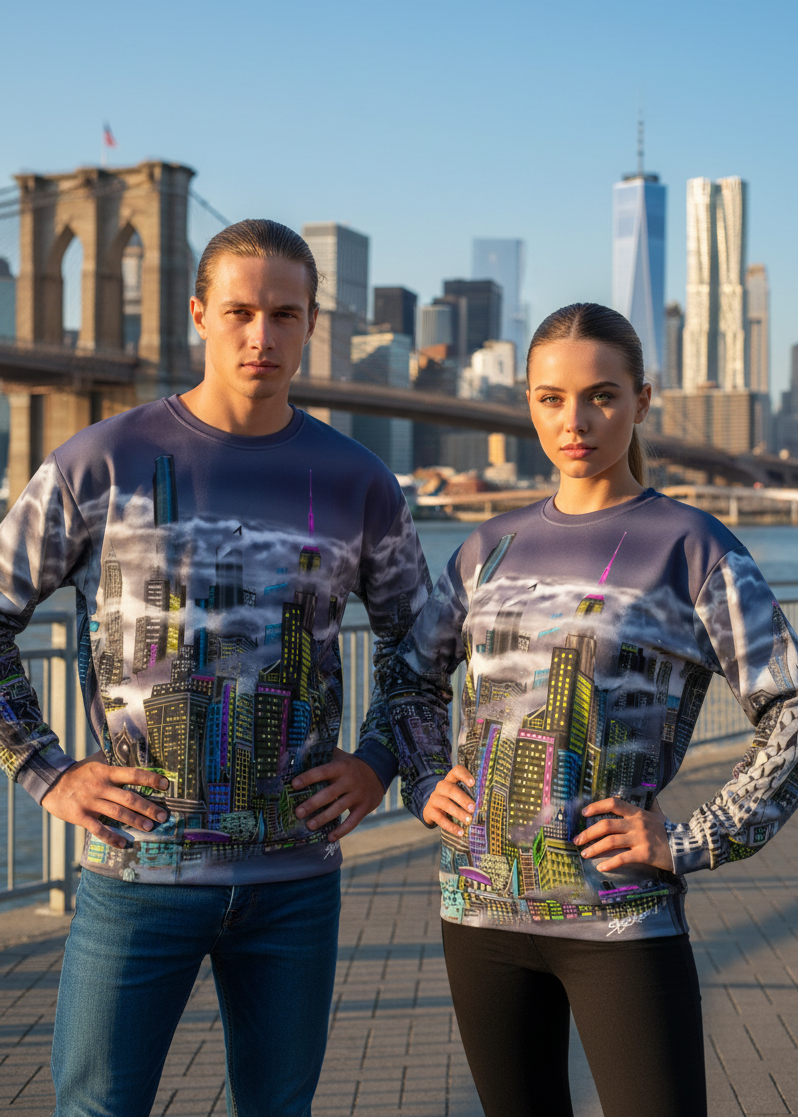 Two people wearing Loria NYC Art sweatshirts with a cityscape design in an urban setting behind a bridge.
