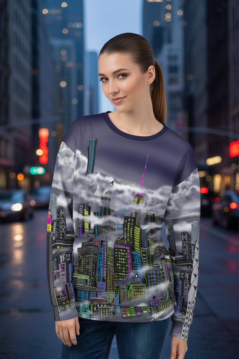Person wearing a sweater designed by Loria NYC Art with a cityscape design on a urban background