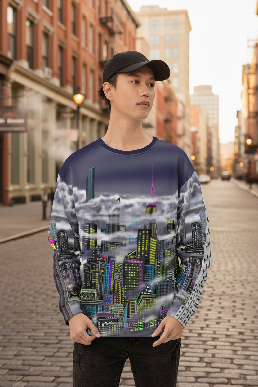 Person wearing a sweater designed by Loria NYC Art with a cityscape design on a urban background