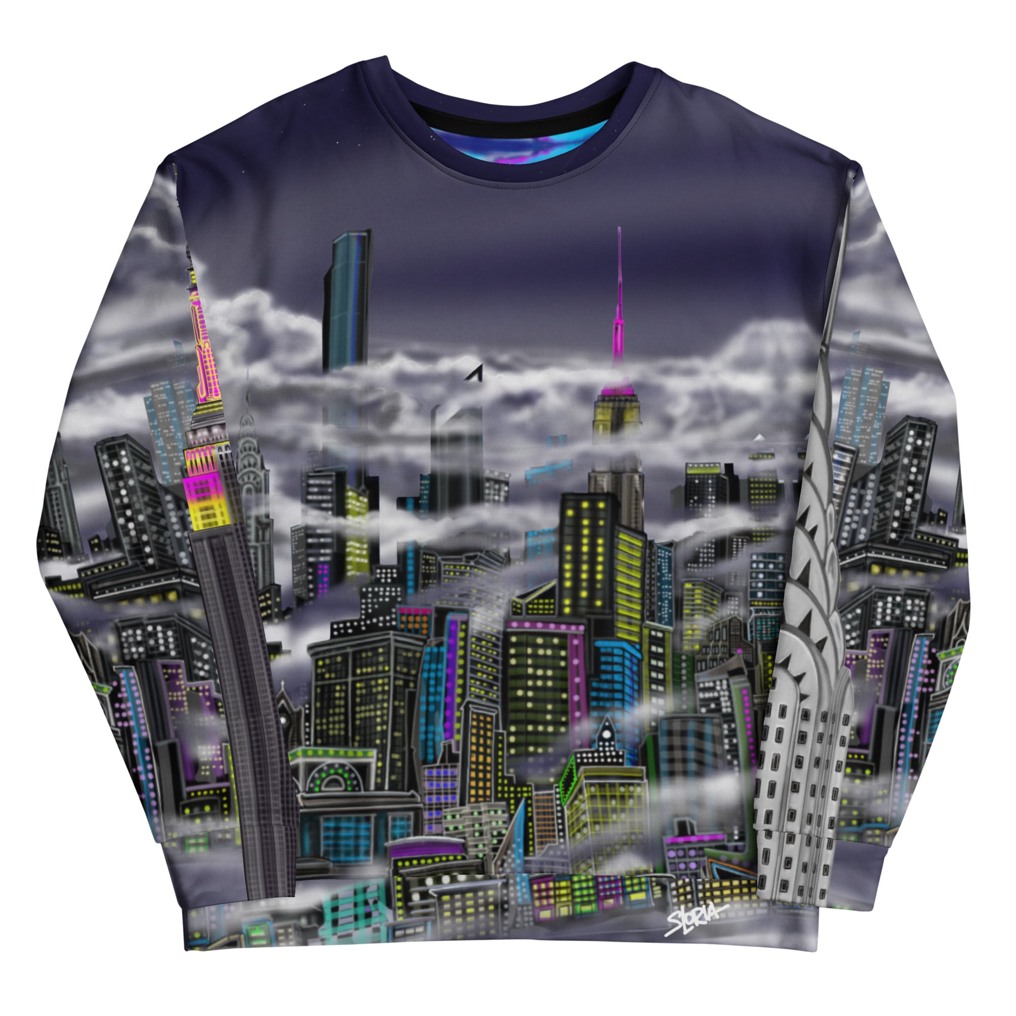 sweatshirt designed by Loria NYC Art with a cityscape design on a white background