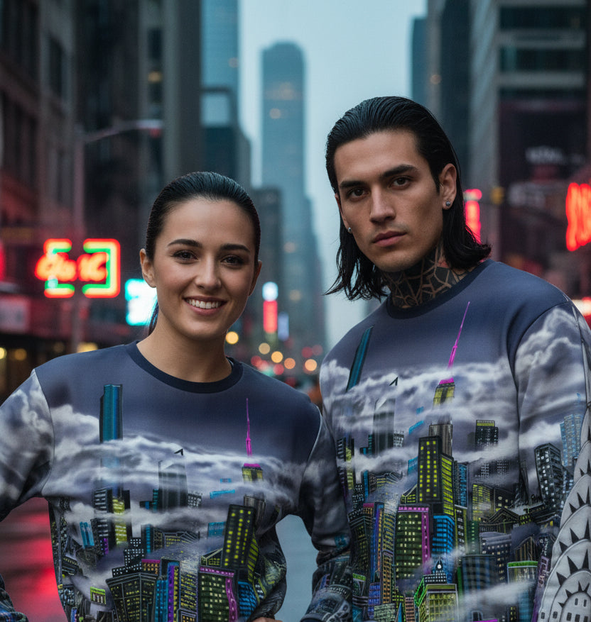 sweatshirt designed by Loria NYC Art with a cityscape design on a white background