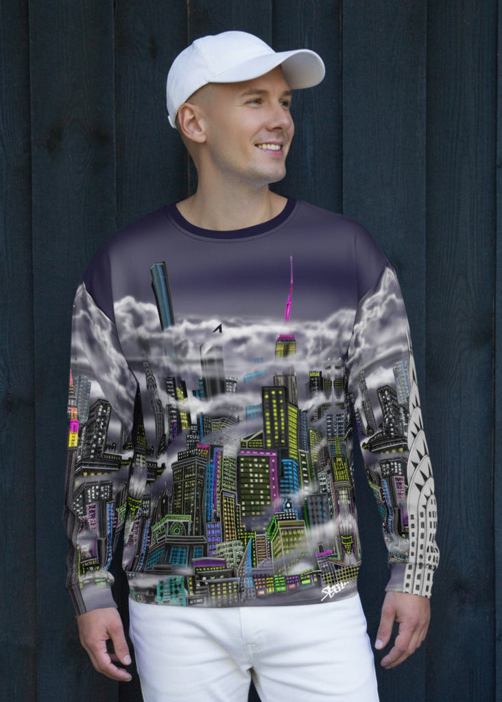 Man wearing sweatshirt designed by Loria NYC Art with a cityscape design 