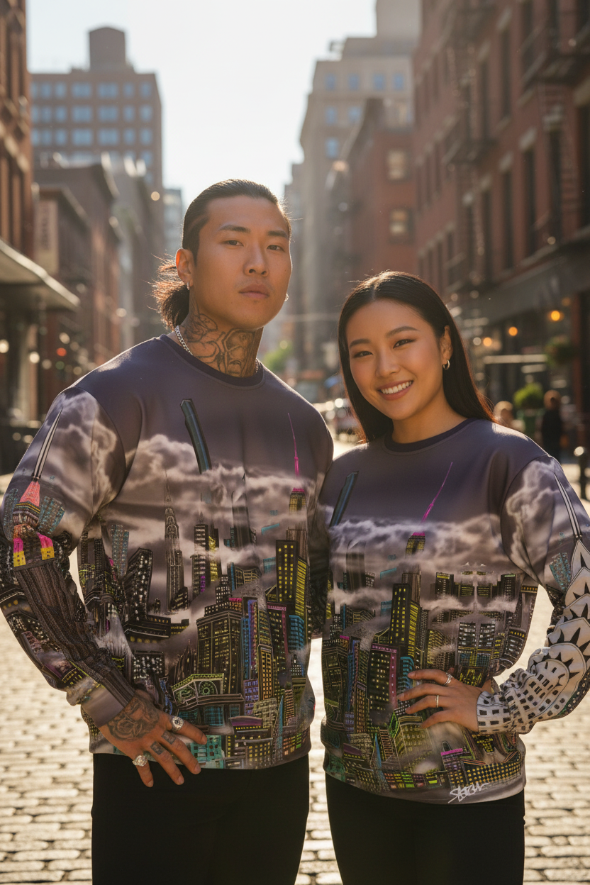 Two people wearing matching hoodies with a cityscape Loria NYC Art design in an urban setting.