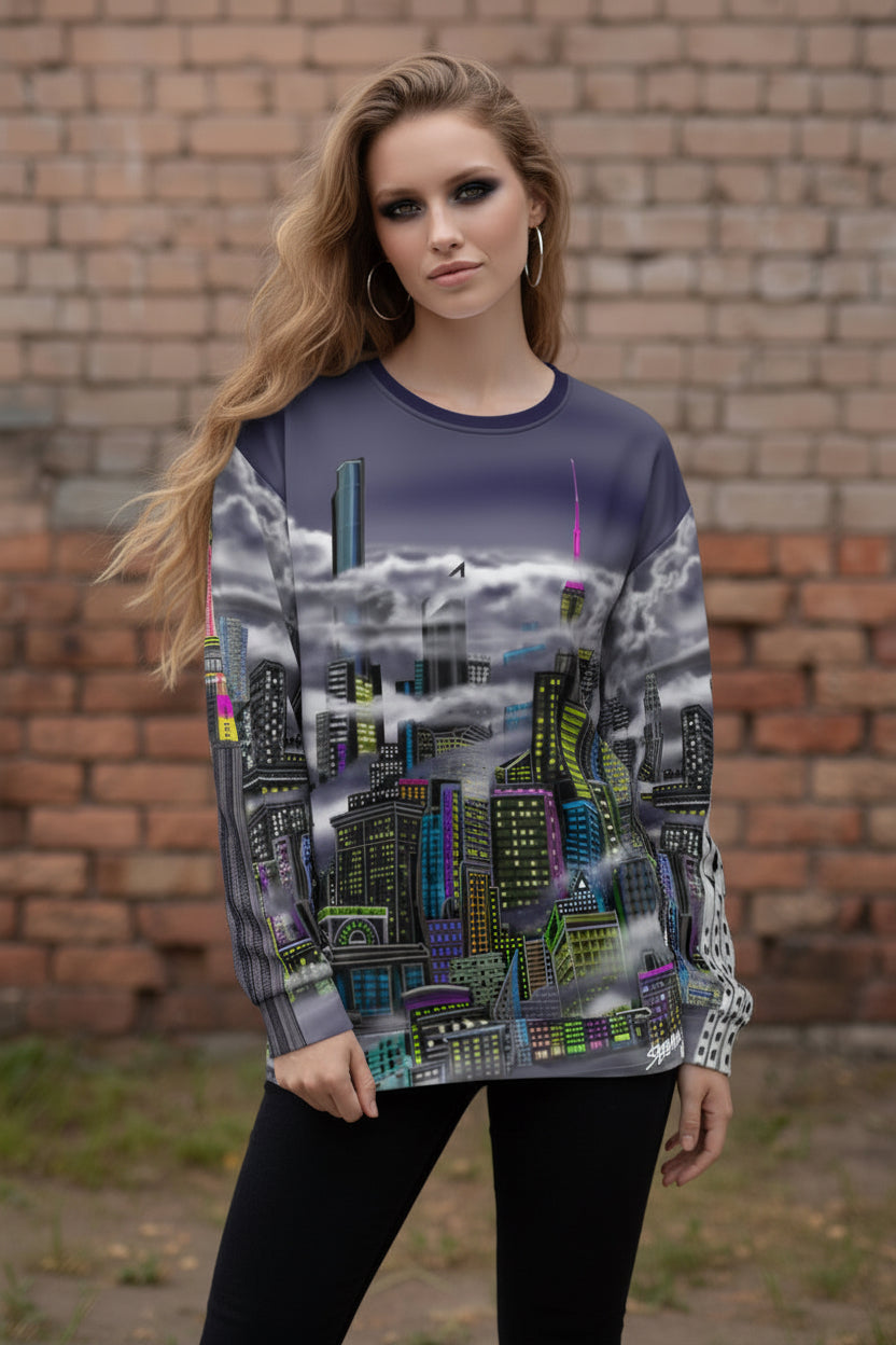 Women wearing a sweater designed by Loria NYC Art with a cityscape design 