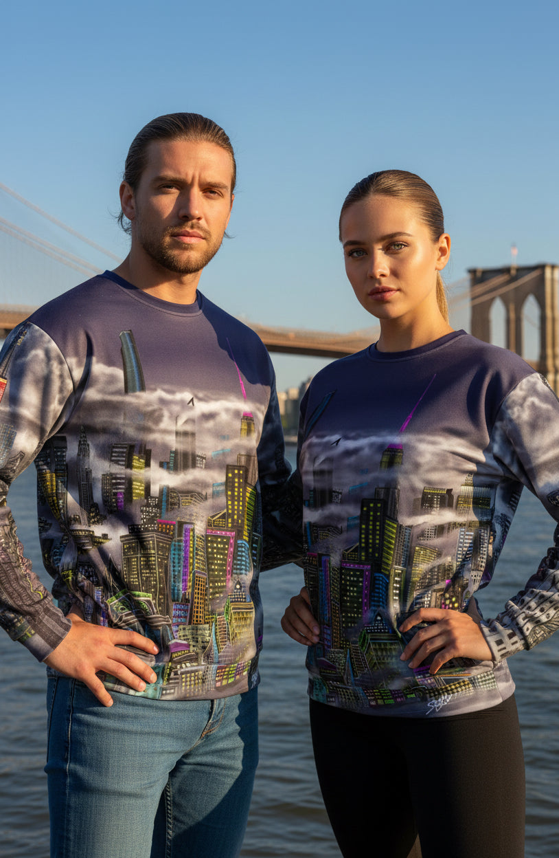People wearing a Loria NYC Art sweatshirt with a cityscape design on an urban background