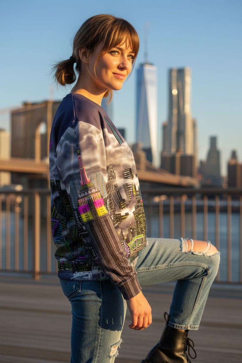 Person in the sunshine wearing Loria NYC Art sweatshirt with a cityscape design in an urban setting.