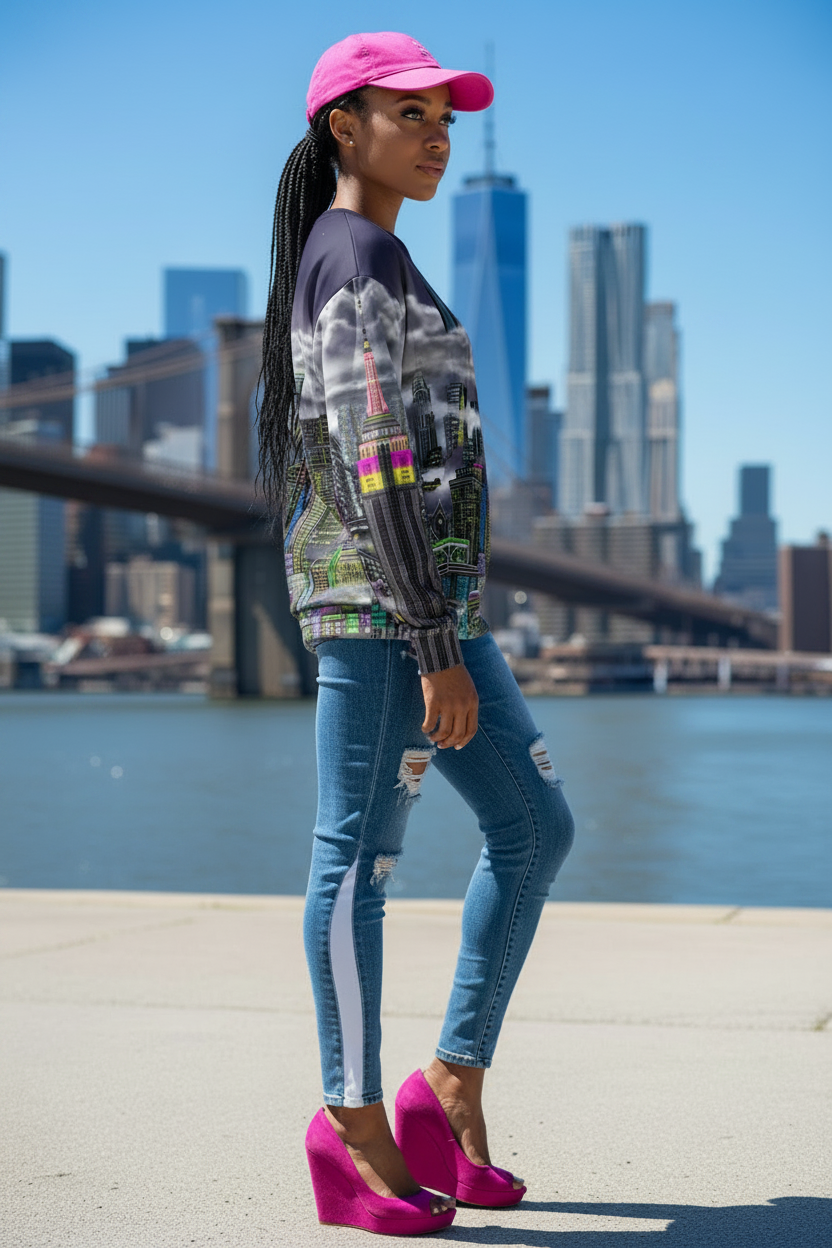 Female wearing Loria NYC Art sweatshirt with a cityscape design in an urban city scape setting.