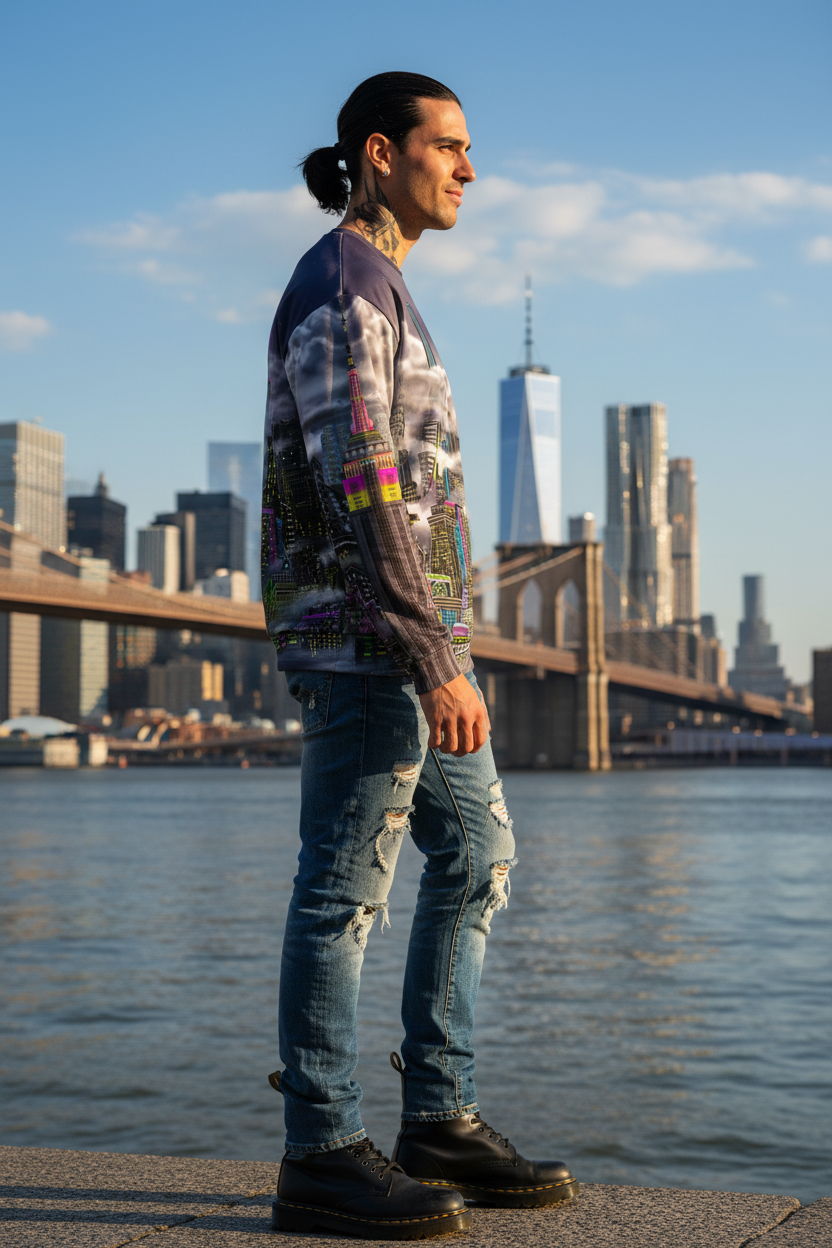 Man standing in front of a city scape wearing Loria NYC Art sweatshirt with a cityscape design in an urban setting.