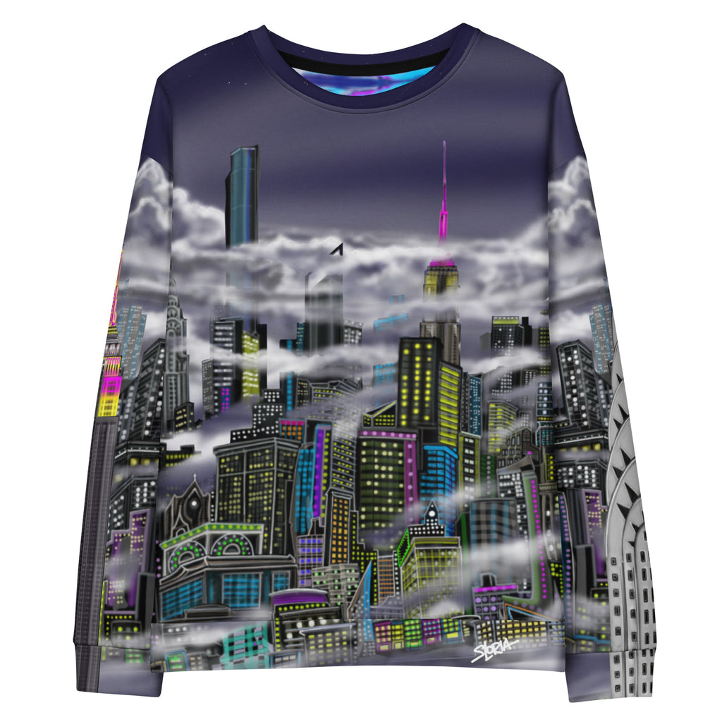 sweatshirt designed by Loria NYC Art with a cityscape design on a white background